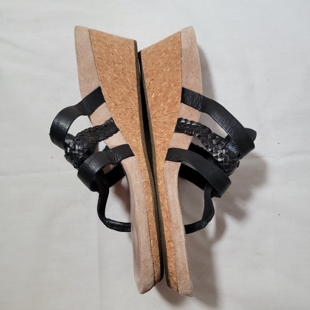 Ugg Women's Maddie Leather, Suede, Cork Black Wedge Thong Slides Sandals Sz 8.5 - Picture 5 of 8